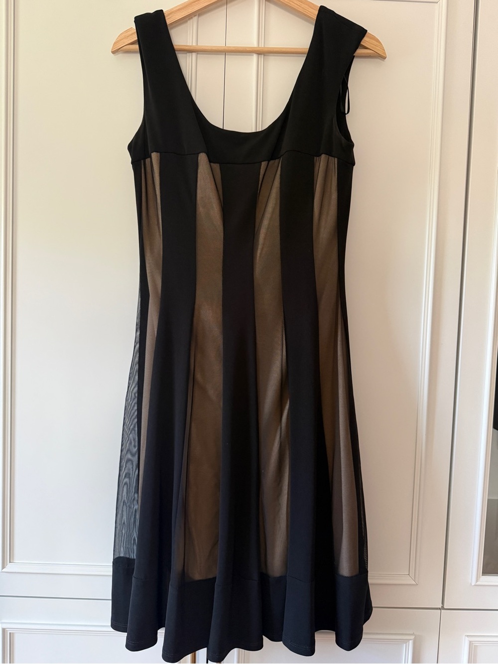 connected apparel Black and Bronze Striped Mesh A-Line Dress